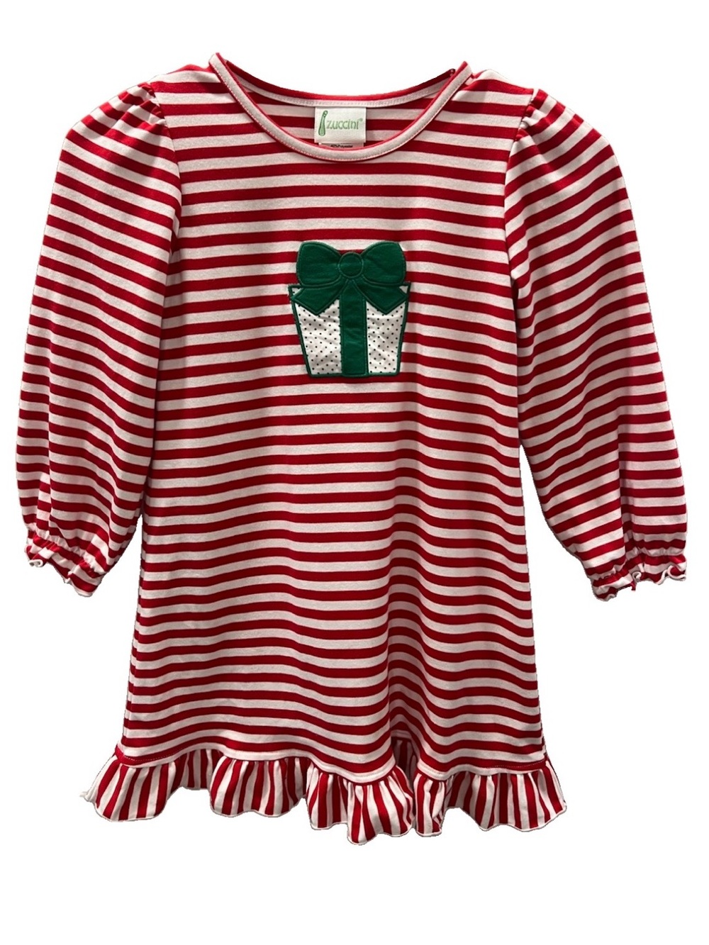 Zuccini Kids Red & White Striped Holiday Dress with Green Present Applique